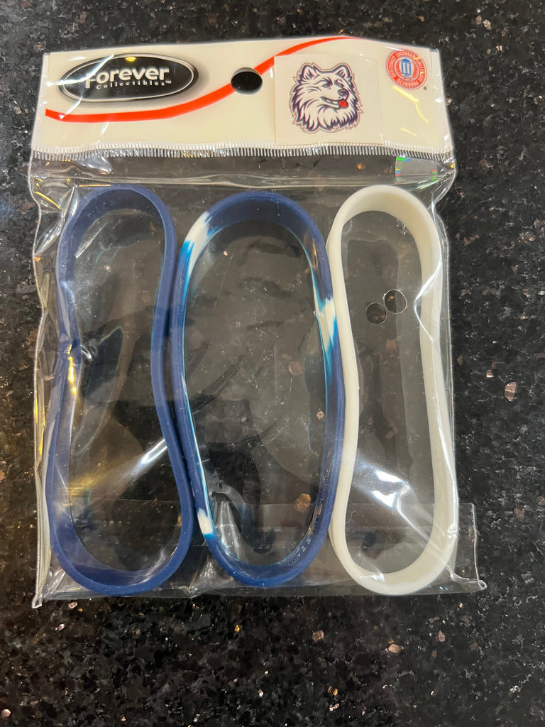 UConn Huskies NCAA Team Adult Mylar Team Color and Logo Wristbands 3 Pack is a set of wristbands perfect for any fan of the basketball team.