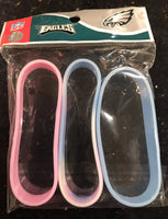 Philadelphia Eagles silicone team female wristband bracelet 3 pack.

Team colors are one pink one baby blue and one tie dye