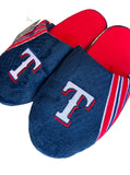 Forever Collectibles mens sizeTexas Rangers MLB plush comfy slide on team logo slippers.