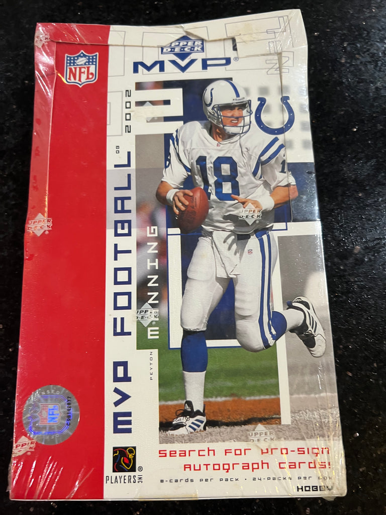 sealed box of 2002 Upper Deck MVP NFL football trading cards. This hobby box
