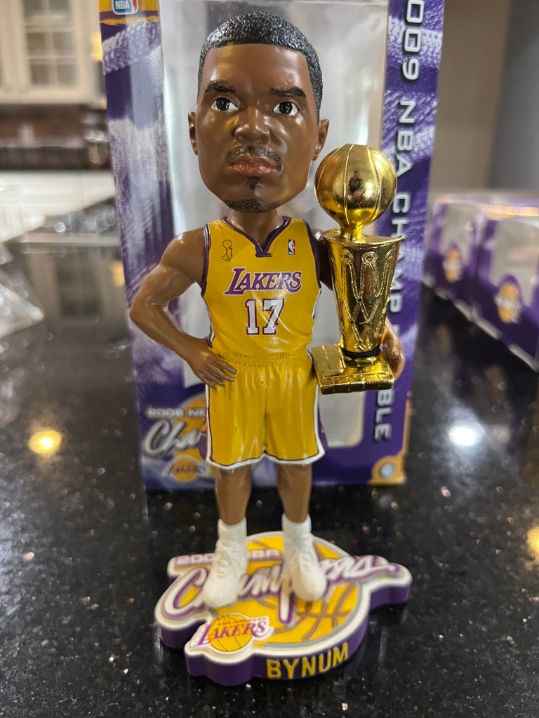 Andrew Bynum bobblehead from the 2009 Los Angeles Lakers NBA championship team. This collectible item is officially licensed by the National Basketball Association (NBA)