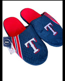 Forever Collectibles mens sizeTexas Rangers MLB plush comfy slide on team logo slippers.