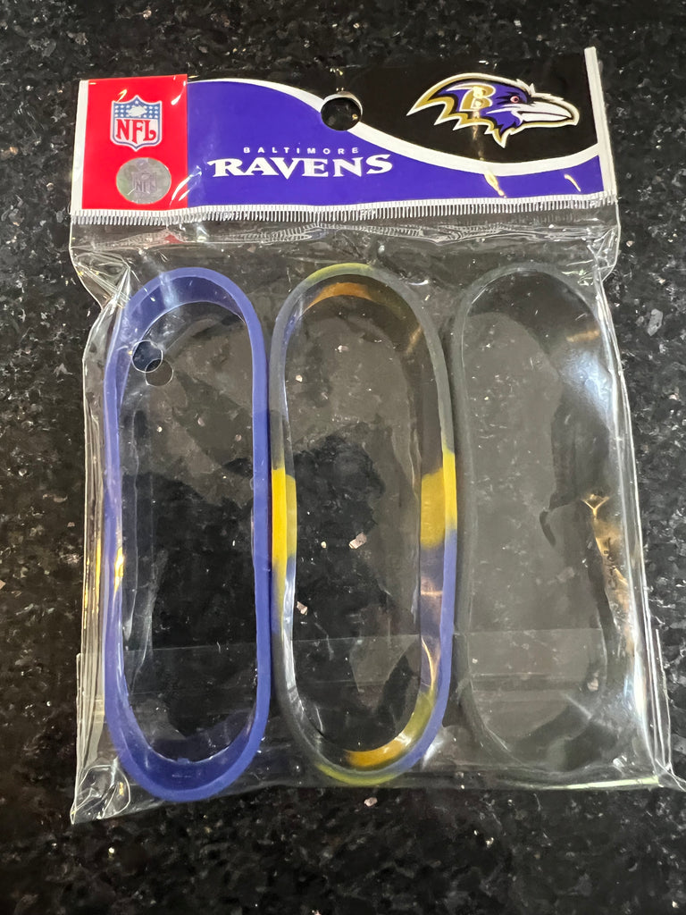 three adult-sized wristbands featuring the Baltimore Ravens NFL team logo, designed by Forever Collectibles for fans of the National Football League