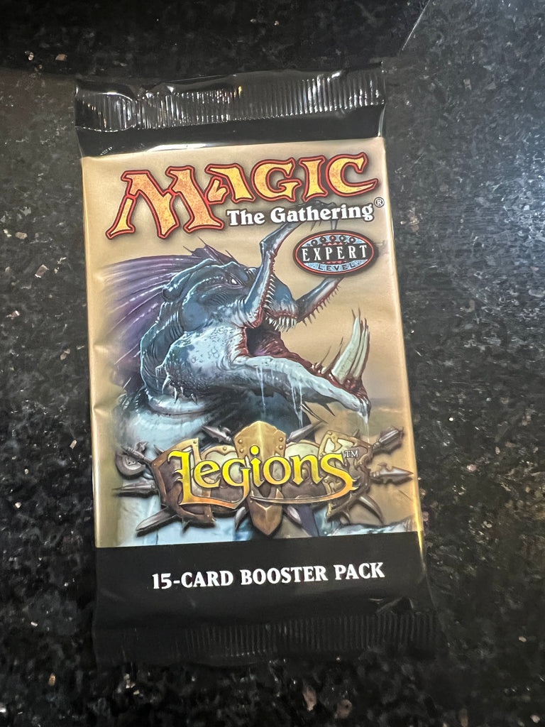 Magic The Gathering Legions Booster Pack is a new sealed pack containing 15 standard-sized cards from the 2003 set. The pack features the Riptide Mangler art
