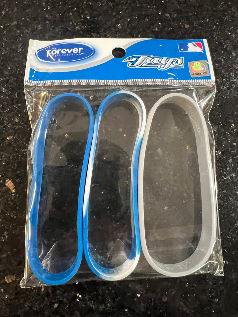 set of 3 MLB Official Toronto Blue Jays Mylar adult Wristbands by Forever Collectibles.