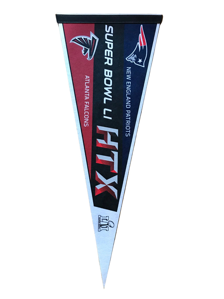 full size pennant featuring players from both the Atlanta Falcons and the New England Patriots, specifically Matt Ryan and Tom Brady.