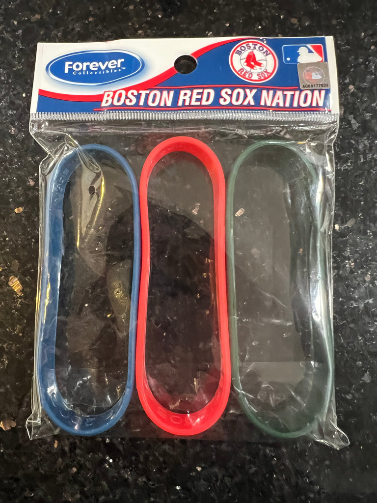 Boston Red Sox MLB Adult Mylar Wristbands Bracelets 3pk is a set of three wristbands featuring the iconic Boston Red Sox team logo and colors. Officially licensed by Major League Baseball (MLB)