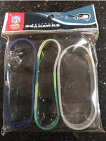 Seattle Seahawks silicone team colors wristband bracelet 3 pack.

Team colors one blue one white and one tie dye