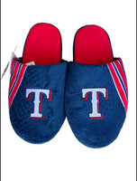 Forever Collectibles mens sizeTexas Rangers MLB plush comfy slide on team logo slippers.