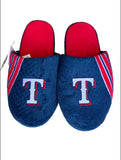 Forever Collectibles mens sizeTexas Rangers MLB plush comfy slide on team logo slippers.